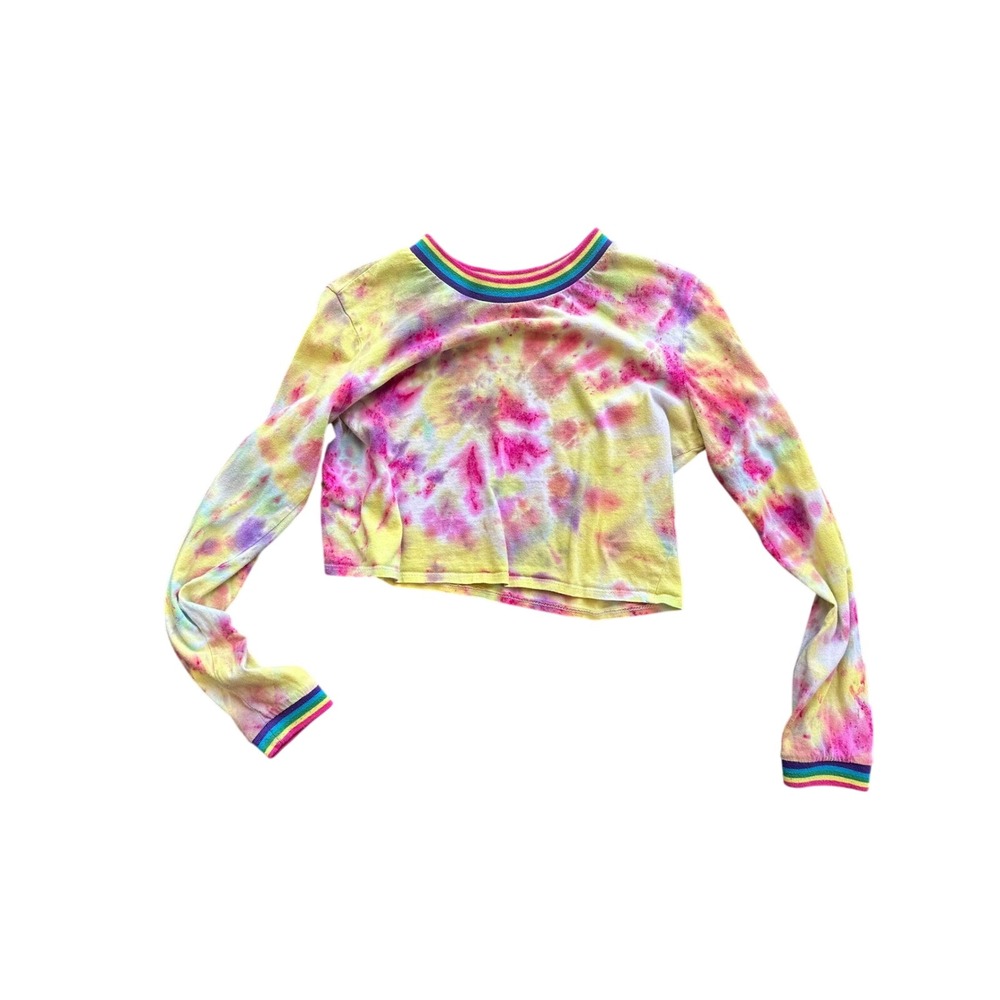 Heart & Hips Tie Dye Rainbow Trim Long Sleeve Crop Top Yellow Pink Purple Womens